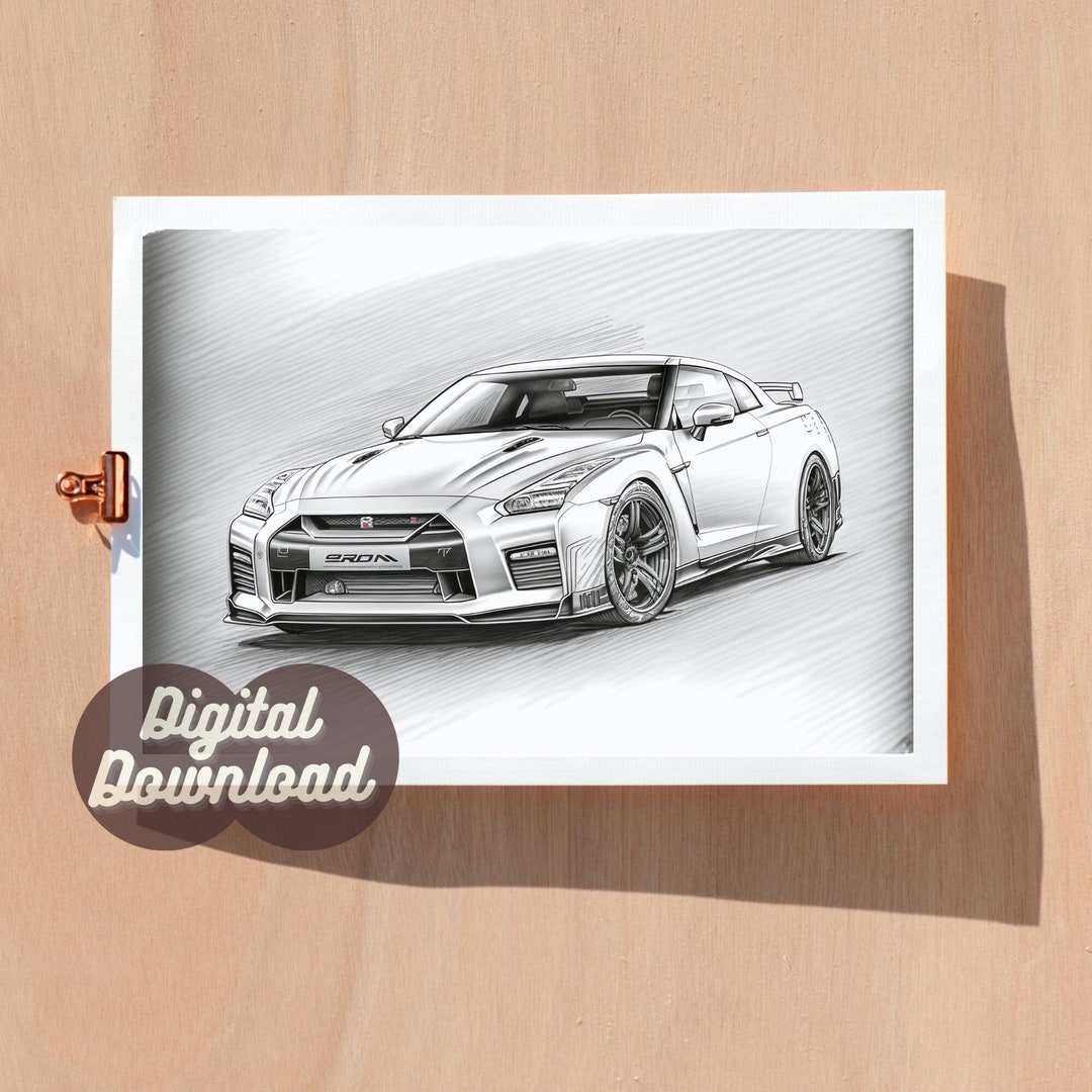 Classic Black and White Nissan R35 GT-R Portrait, Original Car Art