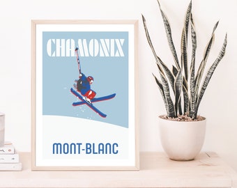 Skier Print, Chamonix Mont-Blanc, Wall Art, Graphic Print, DIGITAL DOWNLOAD