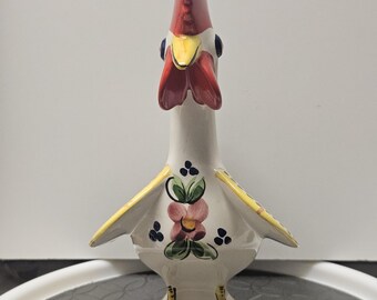 Hand-painted ceramic rooster, vintage floral figurine 25 cm