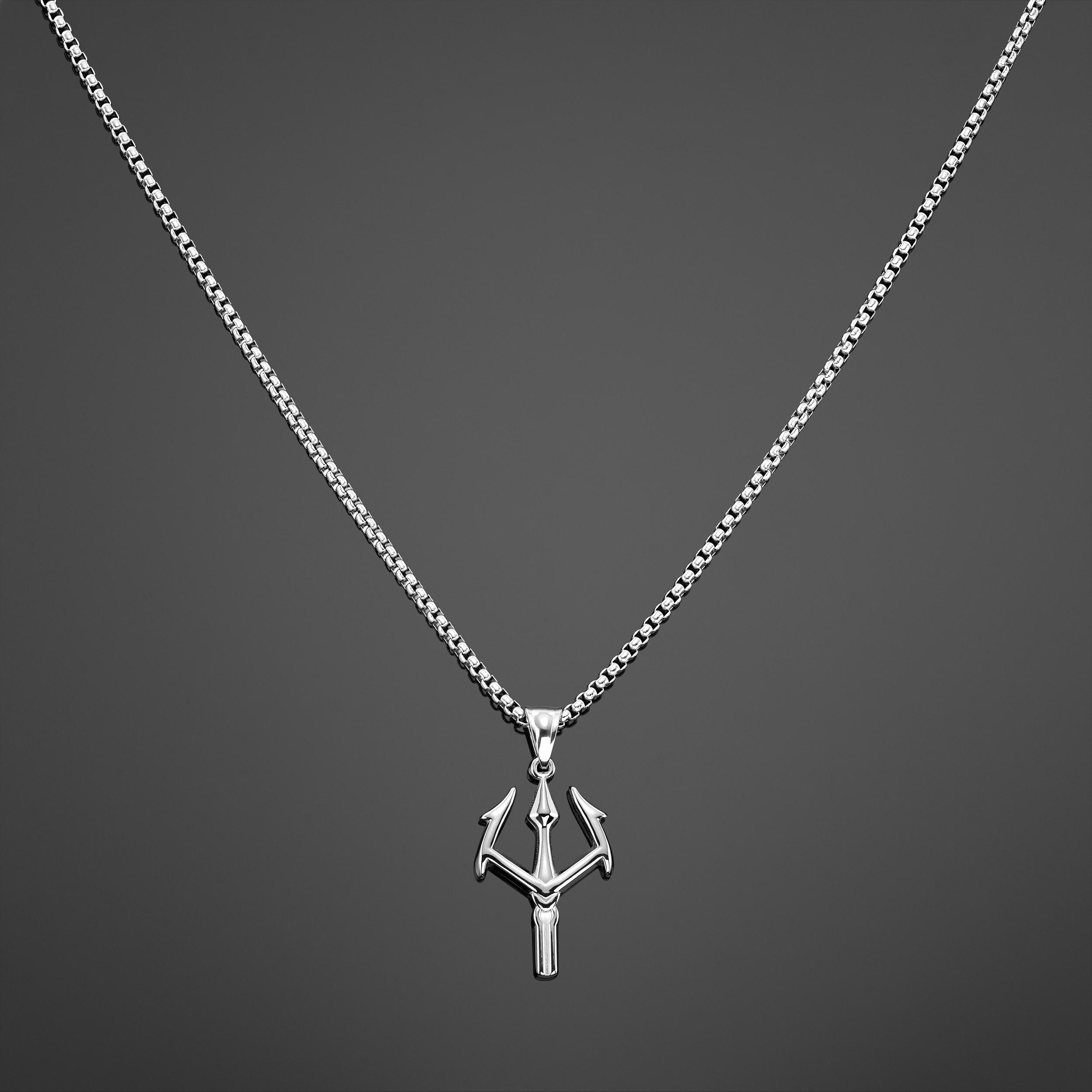 Men's Grey Poseidon Trident Necklace Pendant – Stainless Steel – Greek Mythology Charm