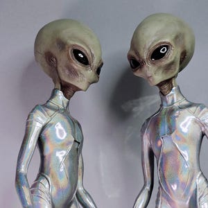 May include: Two alien figures with large black eyes and gray skin stand side-by-side. They wear iridescent silver suits with high collars. The figures have elongated heads and slender necks, giving them a futuristic appearance. The background is a plain gray.