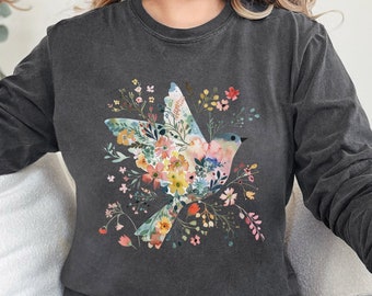 Boho Birdie Comfort Colors Long Sleeve Tee, Bird Shirt, Flower Shirt, Fall Shirt, Gardening Shirt, Cottagecore TShirt, Womens Floral Tee