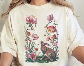 Bashful Bunny Comfort Colors Tee, Cottagecore Floral Shirt, Bunny Shirt, Rabbit Shirt, Garden Shirt, Flower Shirt, Nature TShirt