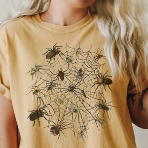 May include: A mustard yellow t-shirt featuring a graphic print of a spider web with multiple spiders of varying sizes and positions.