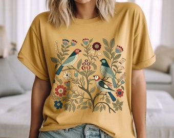 Cottagecore Birds and Flowers Shirt, Folk Art Scandi Art T Shirt, Plus Sizes and Oversized TShirts, Bird Gifts, Flower Gift, Gift For Her