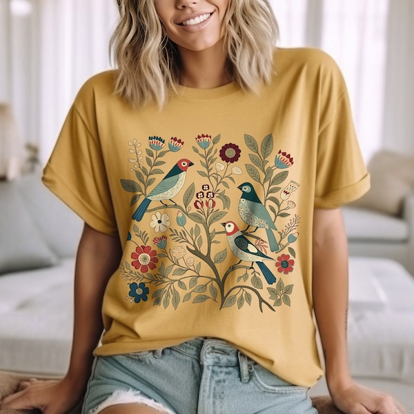 Cottagecore Birds and Flowers Shirt, Folk Art Scandi Art T Shirt, Plus Sizes and Oversized TShirts, Bird Gifts, Flower Gift, Gift For Her