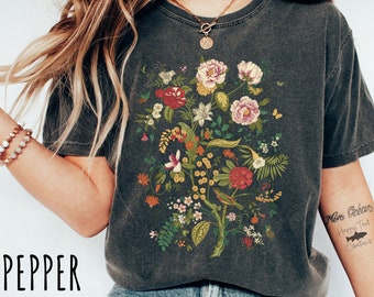 Vintage Flower Shirt, Bird TShirt, Gift For Her, Gift For Mom, Nature Shirt, Gardening Shirt, Floral Tee, CottageCore Shirt, Butterfly Shirt