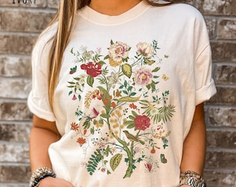 Vintage Flower Shirt, Bird TShirt, Gift For Her, Gift For Mom, Nature Shirt, Gardening Shirt, Floral Tee, CottageCore Shirt, Butterfly Shirt