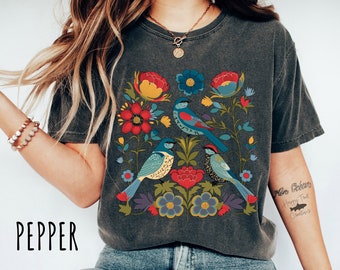 Flower Shirt, Bird Shirt, Garden Shirt, Bird Lover Gift, Nature Shirt, Summer Shirt, Gardening Shirt, Gift For Her