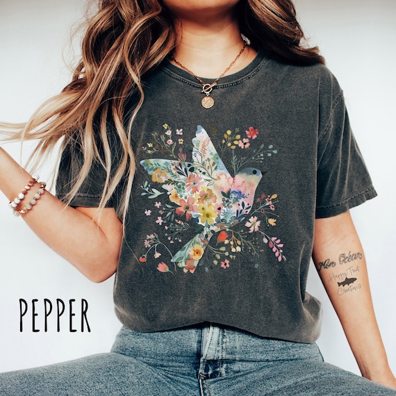 Boho Birdie Comfort Colors TShirt, Bird Shirt, Summer Shirt, Nature Shirt, Flower Shirt, Gift For Her, Cottagecore TShirt, Plus Size TShirt