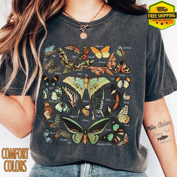 Vintage Butterfly & Moth TShirt, Cottagecore Aesthetic Comfort Colors Shirt, Gift For Her, Nature Lover Tee, Boho Clothing, Botanical Outfit