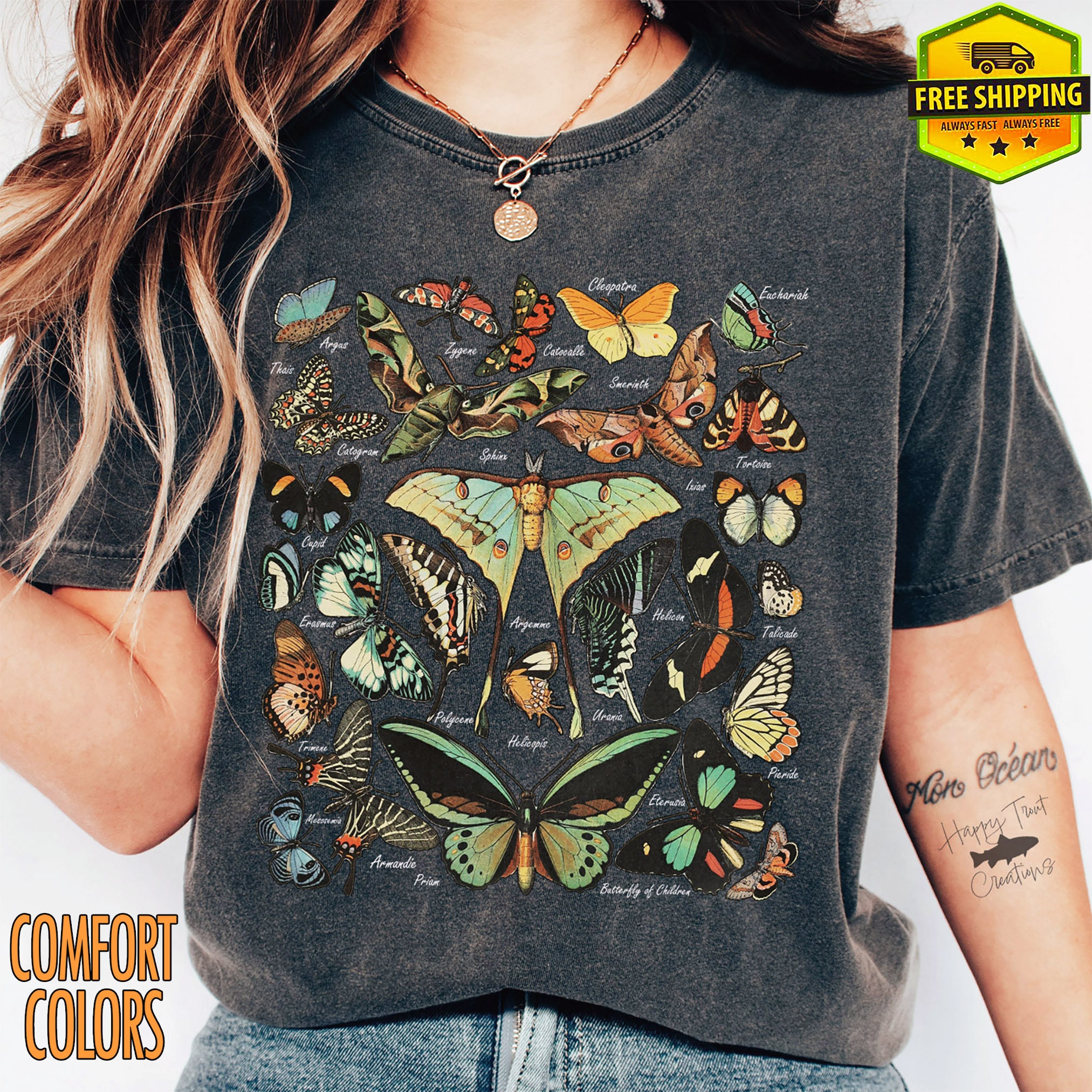 Vintage Butterfly & Moth TShirt, Cottagecore Aesthetic Comfort Colors Shirt, Gift For Her, Nature Lover Tee, Boho Clothing, Botanical Outfit