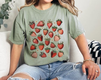 Strawberry Smiles Cottage Core Shirt, Gardening Aesthetic Shirt, Comfort Colors Shirt, Summer Shirt, Strawberry Shirt, Gift For Her