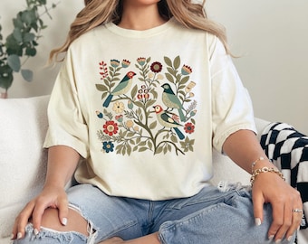 Boho Cottagecore Birds & Flowers Comfort Colors Tee, Bird Shirt, Flower Shirt, Nature TShirt,  Folk Art Graphic Tee Shirt, Gift For Her