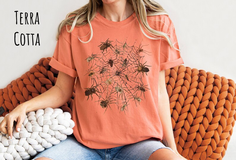 May include: A terracotta orange t-shirt featuring a graphic print of a spider web with spiders.