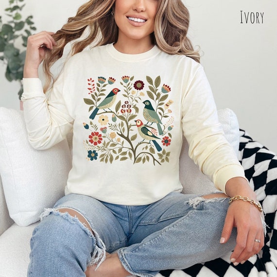 Cottagecore Birds Long Sleeve TShirt, Boho Shirt, Nature Shirt, Fall Shirt, Bird Shirt, Flower Shirt, Folk Art Scandi Shirt, Gift For Her