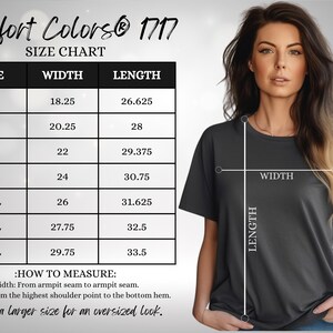 May include: Size chart for a t-shirt with measurements in inches. The chart shows the width and length of the shirt in different sizes, from S to 4XL. The chart also includes instructions on how to measure the shirt.