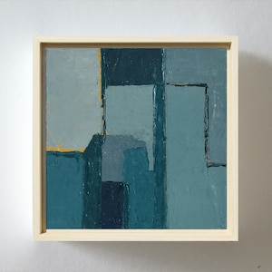 Original Small Abstract Painting in Wood Frame, One Of a Kind Minimalist Oil Painting on Canvas Board, Modern & Contemporary Blue Wall Art
