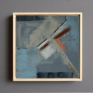 Original Small Abstract Painting Framed, One of a Kind Oil Painting on Canvas Board, Modern and Contemporary Blue and Gray Tones Wall Art image 2