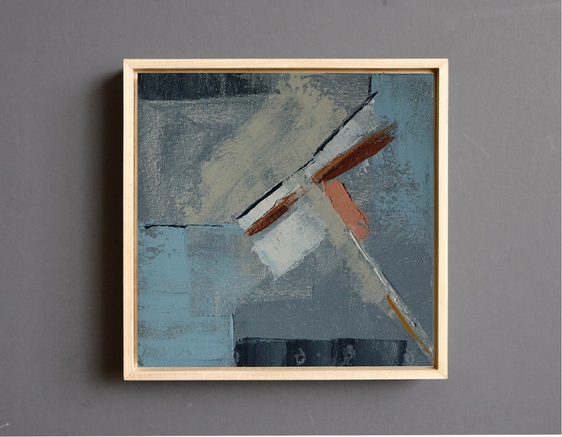 Original Small Abstract Painting Framed, One of a Kind Oil Painting on Canvas Board, Modern and Contemporary Blue and Gray Tones Wall Art image 2