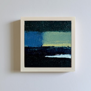 Original Miniature Abstract Oil Painting in Blue, Framed Wall Art on Canvas Board