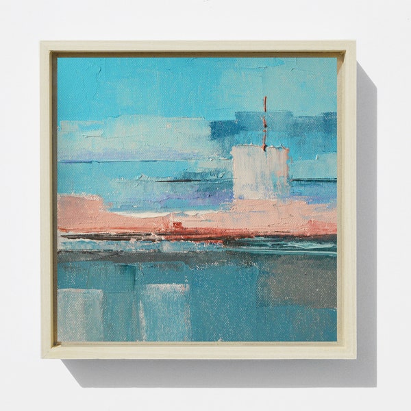 Original Framed Abstract Painting, One of a Kind  Small Oil Painting on Canvas Board, Modern and Contemporary Soft Pink and Blue Wall Art