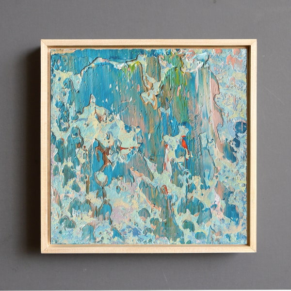 Original Small Abstract Textured Painting, One of a Kind Framed Oil Painting on Canvas Board, Modern Art, Contemporary Soft Blue Artwork