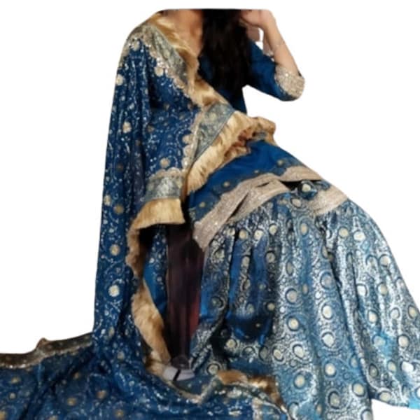 Costume de femme en soie bleue Banarasi non cousu pour femme costume de mariage exclusif Bollywood Vêtements de fête indiens robe femme avec dupatta