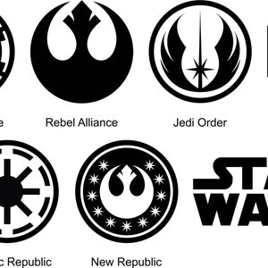 Könnte beinhalten: Schwarz-weiße Grafiken von Symbolen aus dem Star Wars-Universum. Enthält Logos für das Galaktische Imperium, die Rebellenallianz, den Jedi-Orden, die Erste Ordnung, die Galaktische Republik, die Neue Republik und das Star Wars-Logo.