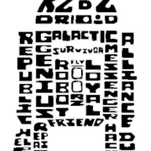 May include: Black and white graphic of the Star Wars character R2-D2, formed from words. The words include "R2D2 Droid", "Galactical", "Reg", "Survivor", "Per", "Fly", "Boy", "Loyal", "Friend", "Help", "Era", "Had", and "Reality".