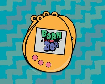 May include: An orange retro-style handheld electronic game with the text "Born in the 80's" on the screen. The game has three pink buttons and a black outline. The background is a teal and blue zigzag pattern.
