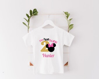 I'm Twodles - Second Birthday Shirt with Minnie ears headband - Pink and Gold Birthday Shirt - Minnie Mouse Birthday Shirt - Two Years Old
