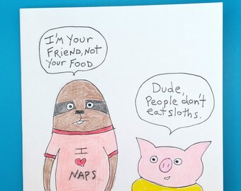 Vegetarian card, vegan card, funny animal card, sloth card