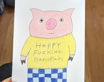 Funny Hanukkah card, Cute pig card, unique holiday card, Hanukah card, hanukkah card