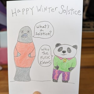 Tarjeta de solsticio de invierno, tarjeta de invierno, tarjeta divertida, tarjeta extraña