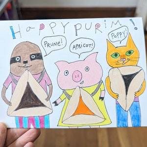 Karta na Szczęśliwe Purim, Karta na Purim, Zabawna karta na Purim, Żydowska karta świąteczna, Ładna karta na Purim