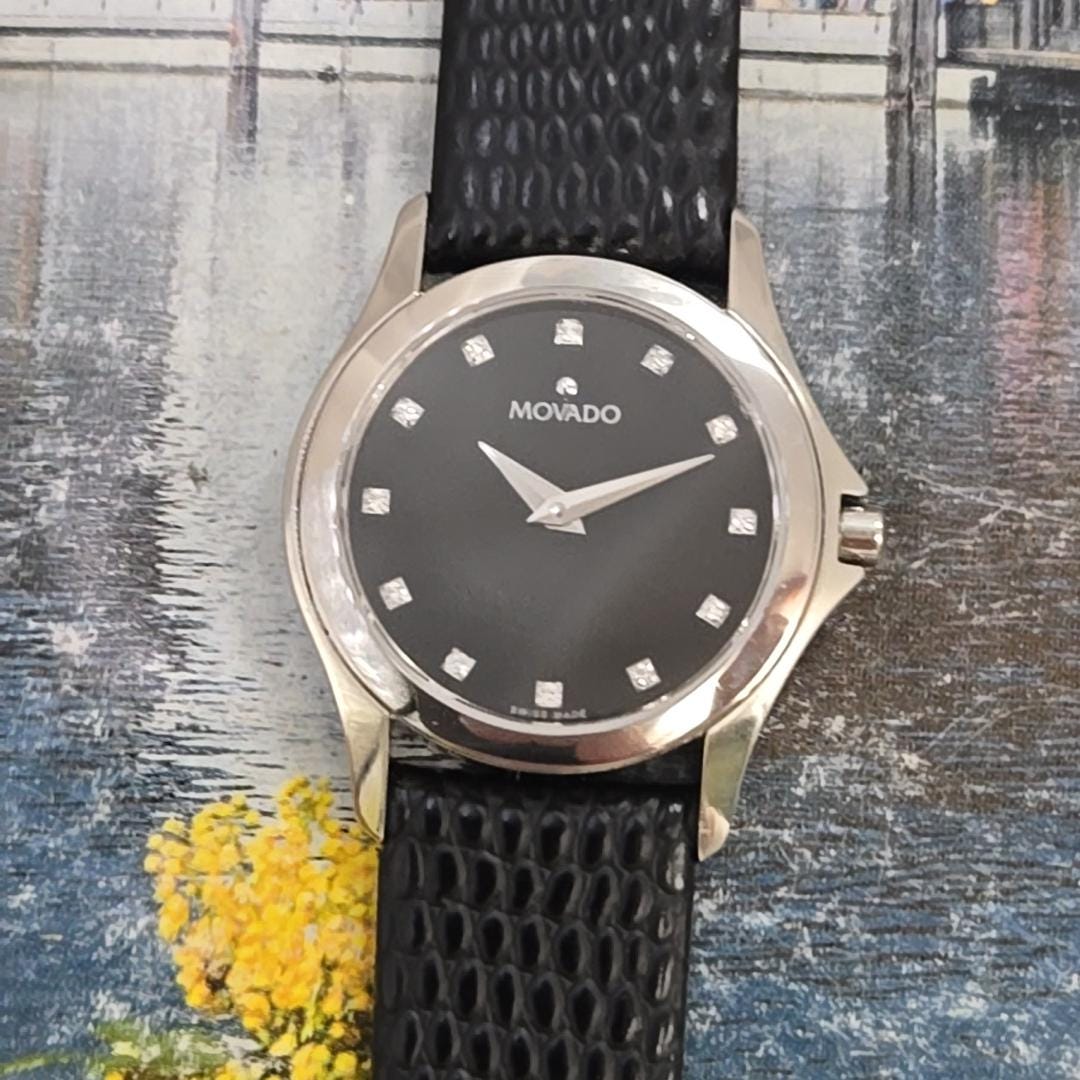 Ladies Movado Diamond Dial Watch: Black Leather Band, 27mm  display picture 1