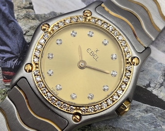 Oryginalny damski zegarek Ebel Vintage z diamentami, oprawa ze złota 18k, kwarcowy, klasyczny i szykowny