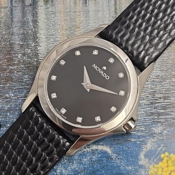 Ladies Movado Diamond Dial Watch: Black Leather Band, 27mm  display picture 1