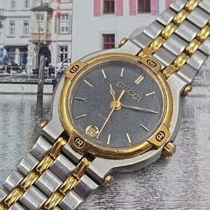 稼働 GUCCI vintage watch 9000L デイト 2281 Exc+5] Gucci 9000L Vintage Watch Two Tone Steel Gold Dial Quartz