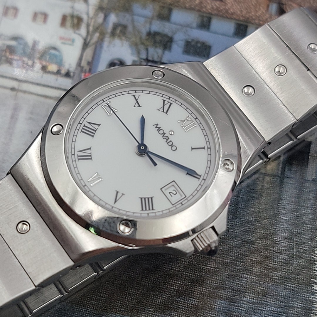 Vintage Movado Silver Roman Numeral Watch MOVADO Olympian S-Steel White Dial Two-Tone Men main image 4