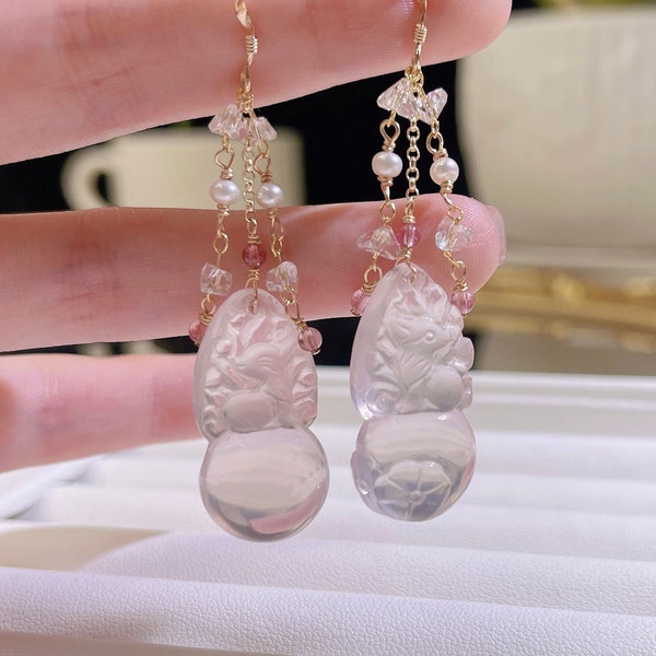 Rare!! Hand Carved Large Rose Quartz Earrings, Pink Stone Nine Tailed Fox Earring Dangle, Gold Long Gemstone Earrings, Crystal Gifts, Love