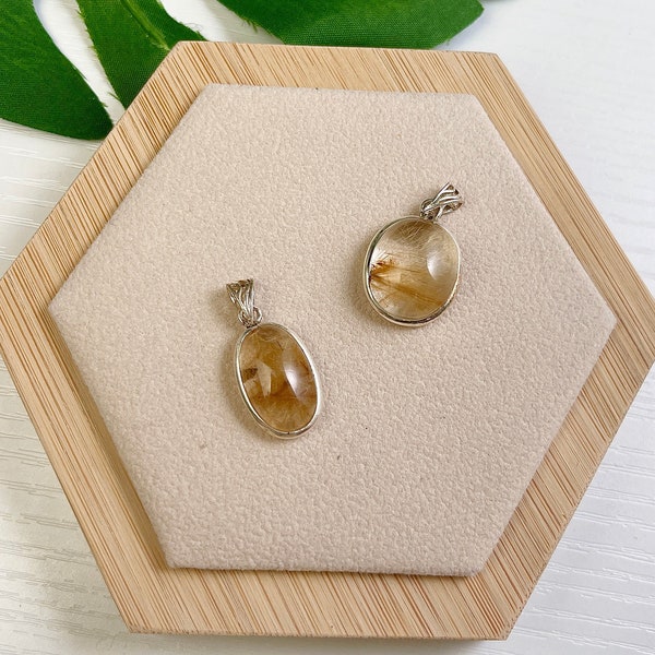 Natural Rutilated Quartz Necklace Minimalist Golden Rutilated Dome Pendant in Sterling Silver, Unique Golden Rutile Gemstone Healing Crystal