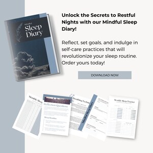 May include: A blue and white book titled "Mindful Sleep Diary" with a picture of clouds on the cover. The book is open to reveal pages with sections for monthly sleep tracking, reflection questions, sleep routine, breathing techniques, daily mindfulness, and weekly sleep tracker.