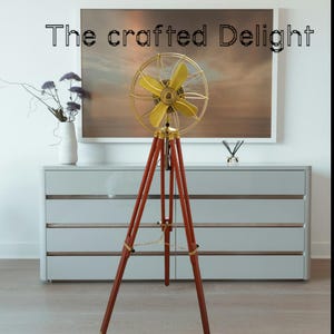 Handmade Modern Brass Antique Electric Floor Fan on  Wooden Tripod Stand Vintage Style Modern Twist  Pedestal Fan For  Home Decor