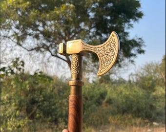 Handmade Wooden Walking Stick – Golden Axe Head Cane, Viking Style Accessory
