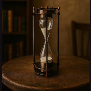 May include: A vintage hourglass with a bronze frame and clear glass bulbs. The hourglass is filled with white sand and sits on a round wooden table. The background includes a bookshelf and a chair, creating a vintage aesthetic.