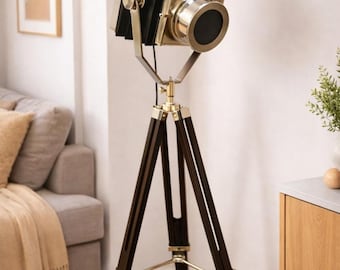 Vintage industriële spotlight statief vloerlamp – nautische camera stijl houten standaard woondecoratielamp