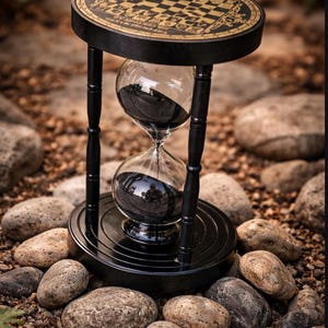 May include: A black hourglass with a decorative top featuring a gold and black checkered design. The hourglass is supported by black legs and a circular base. The sand inside is black. The hourglass is surrounded by stones.