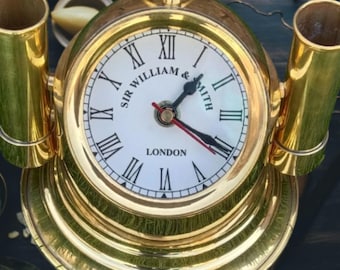 Handmade Brass Desk Clock: Vintage Nautical Style with Pen Storage